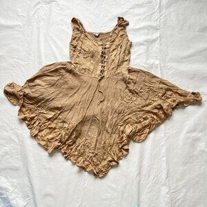 Sleeveless boho dress tan brown Plus Size 1X embroidered lace front handkerchief
